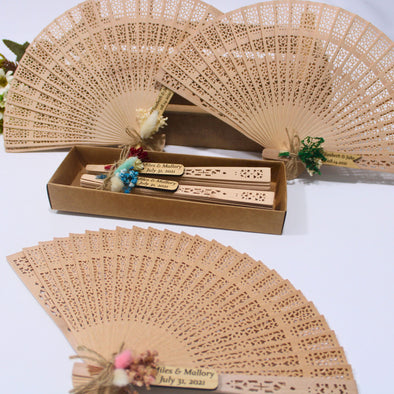 Personalisable Rustic Sandalwood Fans Items designed by Happy Times Favors, a handmade gift shop. This item is ideal for, wedding favors, unique gifts for guests, thank you gifts, bridal shower favors, baptism favors, bridesmaid favors, engagement favors, party gifts, Noel, New Year, Happy Holiday. Personalized Christmas Gifts, Custom Gifts for Christmas

