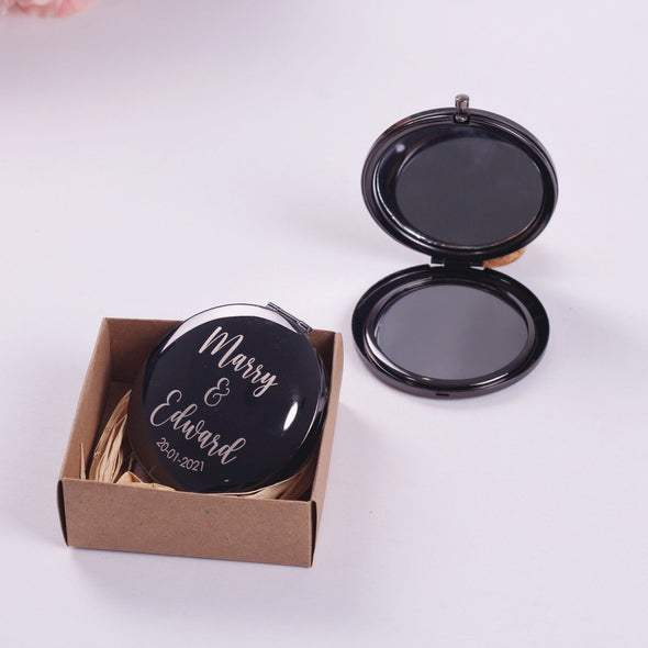 Personalized Gold Silver Black Compact Mirror Items designed by Happy Times Favors, a handmade gift shop. This item is ideal for New Year, Noel, Bridal Shower, Wedding Shower, Fall Wedding, Bridesmaid proposal boxes, party favors, or gifts for your loved ones.
