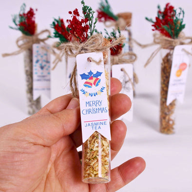 Christmas Tea Favors for Guests Gifts, Happy Holiday Favors, Glass Tube Tea Party Favors Items designed by Happy Times Favors, a handmade gift shop. These glass cork vials/jars are filled with 11 different tea. Ideal for Christmas, Noel, New Year, Happy Holiday party gifts, Personalized Christmas Gifts, Custom Gifts for Christmas, Christmas gifts for family, friends, coworkers, Xmas favors, Noel gifts