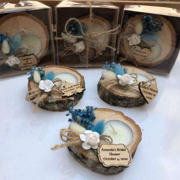 Bridal Shower Wooden Tealight Holder with Dried Flower - Happy Times Favors