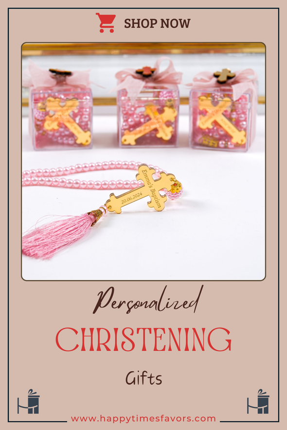 Personalized Baptism Rosary Beads, Prayer Beads, Christian Jewelry, First Communion Favor, Christening Favor, Confirmation Favor Items designed by Happy Times Favors, a handmade gift shop. Epoxy Resin magnet favor decorated with real natural dried flowers and Custom clear sticker label. Ideal for baptism, wedding favors, unique gifts for guests, thank you gifts, Baby shower, bridal shower, baby sprinkle, baby shower decoration, party gifts.