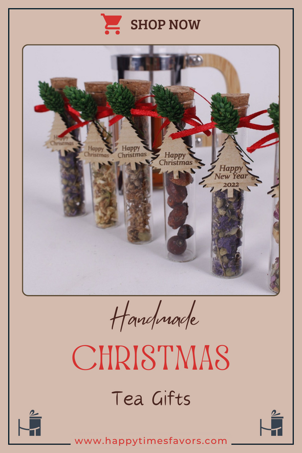 Christmas Tea Favors for Guests Gifts, Happy Holiday Favors, Glass Tube Tea Party Favors Items designed by Happy Times Favors, a handmade gift shop. These glass cork vials/jars are filled with 11 different tea. Ideal for Christmas, Noel, New Year, Happy Holiday party gifts, Personalized Christmas Gifts, Custom Gifts for Christmas, Christmas gifts for family, friends, coworkers, Xmas favors, Noel gifts