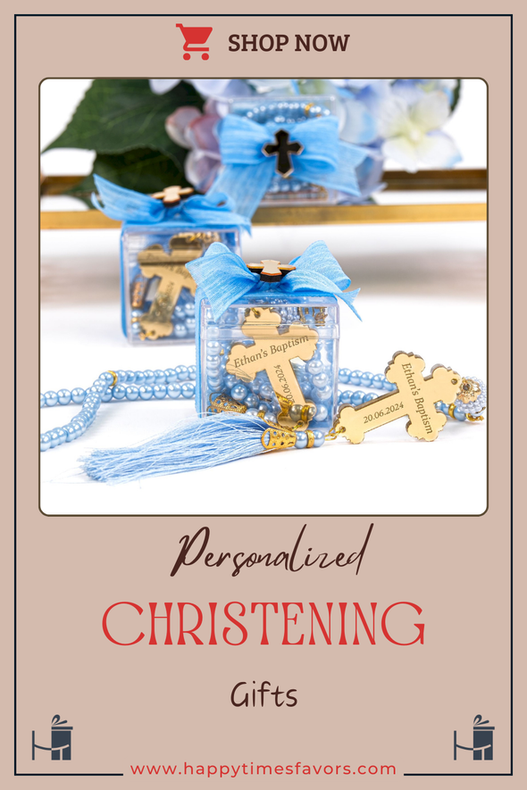 Personalized Baptism Rosary Beads, Prayer Beads, Christian Jewelry, First Communion Favor, Christening Favor, Confirmation Favor Items designed by Happy Times Favors, a handmade gift shop. Epoxy Resin magnet favor decorated with real natural dried flowers and Custom clear sticker label. Ideal for baptism, wedding favors, unique gifts for guests, thank you gifts, Baby shower, bridal shower, baby sprinkle, baby shower decoration, party gifts.