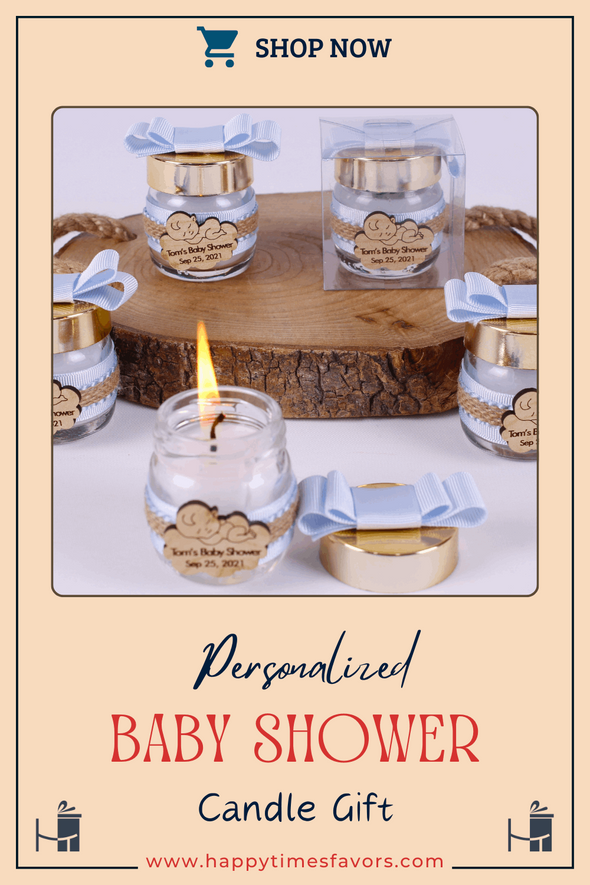 Personalized Baby Shower Scented Candle Favor, Christening gift Items designed by Happy Times Favors, a handmade gift shop. These are Handmade Customizable Candle in the Glass Jar. We personalize Tag, flowers. This luxury product is designed for Baby Shower. We design this unique favor for your bridal shower, baby shower, christening gift, wedding, etc. parties.