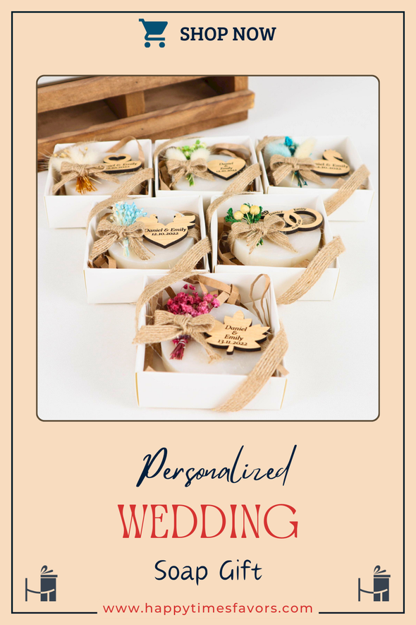 Personalized Natural Handmade Soap Wedding Gifts, Bridal Shower Gifts, Bridal Shower Soap Favors Items designed by Happy Times Favors, a handmade gift shop. These items are ideal for bridal shower gifts, bridal shower presents, gifts to give at a bridal shower, present for wedding shower, wedding gift ideas, bridesmaid present, bridal shower favor, wedding favor for guests, wedding gift for guests, thank you gift.