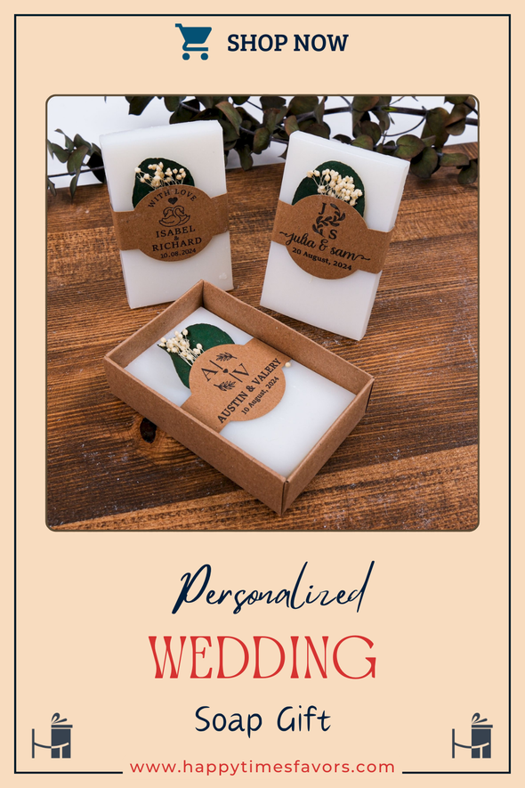 Personalized Natural Handmade Soap Wedding Gifts, Bridal Shower Gifts, Bridal Shower Soap Favors Items designed by Happy Times Favors, a handmade gift shop. These items are ideal for bridal shower gifts, bridal shower presents, gifts to give at a bridal shower, present for wedding shower, wedding gift ideas, bridesmaid present, bridal shower favor, wedding favor for guests, wedding gift for guests, thank you gift.