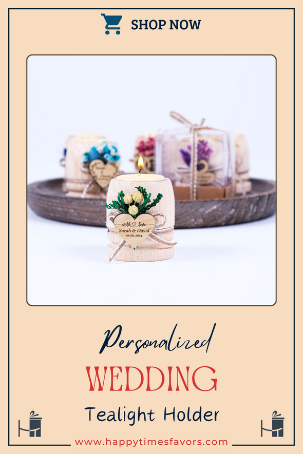 Personalized Wedding Favors for Guests, Rustic Candle Favors, Bridal Shower Tealight Holders, Thank You Favor, Floral Wooden Wedding Favor Items designed by Happy Times Favors, a handmade gift shop. These items are ideal for bridal shower gifts, bridal shower presents, gifts to give at a bridal shower, present for wedding shower,  wedding gift ideas, bridesmaid present, bridal shower favor, wedding favor for guests, wedding gift for guests, thank you gift