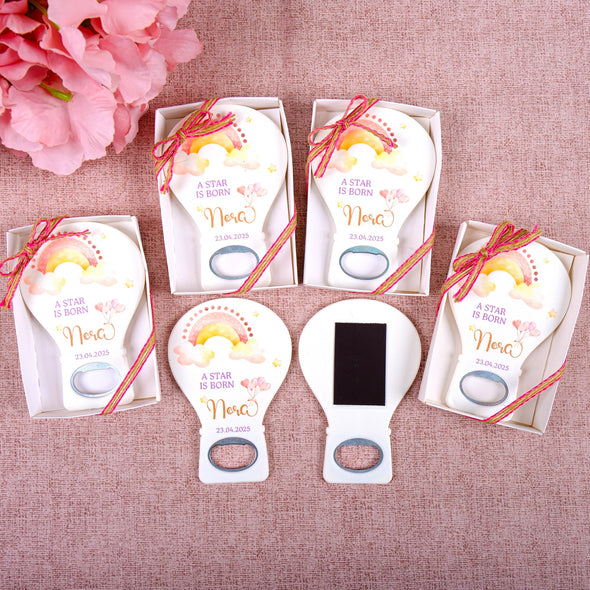 Personalized Baby Shower Bottle Opener Magnet, Custom Fridge Bottle Opener Magnet, Party Favor for Guests Discover Happy Times Favors' handmade bottle opener magnets—perfect for baby showers, baptisms, christenings, and first communions. Customizable and unique!