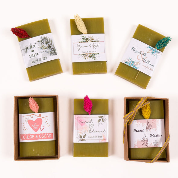 Personalized Natural Handmade Soap Wedding Gifts, Bridal Shower Gifts, Bridal Shower Soap Favors Items designed by Happy Times Favors, a handmade gift shop. These items are ideal for bridal shower gifts, bridal shower presents, gifts to give at a bridal shower, present for wedding shower, wedding gift ideas, bridesmaid present, bridal shower favor, wedding favor for guests, wedding gift for guests, thank you gift.
