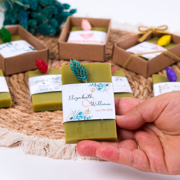 Personalized Natural Handmade Soap Wedding Gifts, Bridal Shower Gifts, Bridal Shower Soap Favors Items designed by Happy Times Favors, a handmade gift shop. These items are ideal for bridal shower gifts, bridal shower presents, gifts to give at a bridal shower, present for wedding shower, wedding gift ideas, bridesmaid present, bridal shower favor, wedding favor for guests, wedding gift for guests, thank you gift.