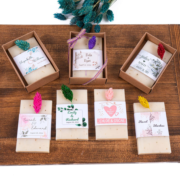 Personalized Natural Handmade Soap Wedding Gifts, Bridal Shower Gifts, Bridal Shower Soap Favors Items designed by Happy Times Favors, a handmade gift shop. These items are ideal for bridal shower gifts, bridal shower presents, gifts to give at a bridal shower, present for wedding shower, wedding gift ideas, bridesmaid present, bridal shower favor, wedding favor for guests, wedding gift for guests, thank you gift.