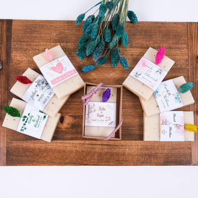 Personalized Natural Handmade Soap Wedding Gifts, Bridal Shower Gifts, Bridal Shower Soap Favors Items designed by Happy Times Favors, a handmade gift shop. These items are ideal for bridal shower gifts, bridal shower presents, gifts to give at a bridal shower, present for wedding shower, wedding gift ideas, bridesmaid present, bridal shower favor, wedding favor for guests, wedding gift for guests, thank you gift.