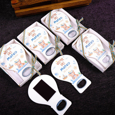 Personalized Baby Shower Bottle Opener Magnet, Custom Fridge Bottle Opener Magnet, Party Favor for Guests Discover Happy Times Favors' handmade bottle opener magnets—perfect for baby showers, baptisms, christenings, and first communions. Customizable and unique!