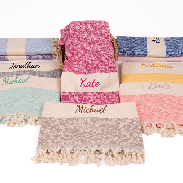 Wedding Gifts for Guests Bridesmaid Personalized Gift Towel Embroidery, Personalized Turkish Beach Towel, Hammam Towel, Bath Towel with Name Items designed by Happy Times Favors, a handmade gift shop. These beach towels are best for bridesmaid proposal, bridal shower, wedding, gift for the beach, girlfriend gift, home decor gifts, boyfriend gift, best friend gift, Bachelor Party Favors, housewarming gift, bath and baby shower, baptism or any other events.