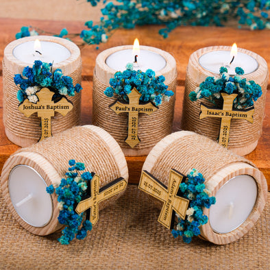 Baptism Favors, Wooden Candle Holder, Custom Candle, Tealight Holder, Confirmation, First Communion, Christening Favors