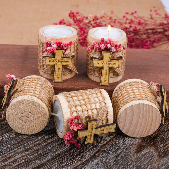 Baptism Favors, Wooden Candle Holder, Custom Candle, Tealight Holder, Confirmation, First Communion, Christening Favors