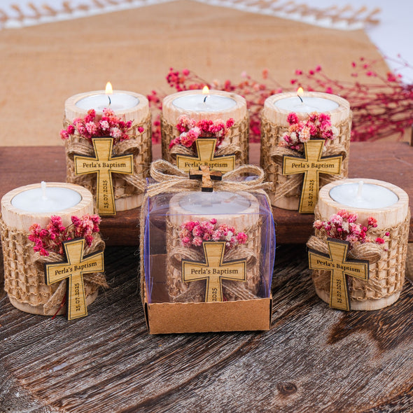 Baptism Favors, Wooden Candle Holder, Custom Candle, Tealight Holder, Confirmation, First Communion, Christening Favors