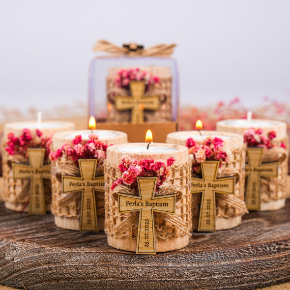 Baptism Favors, Wooden Candle Holder, Custom Candle, Tealight Holder, Confirmation, First Communion, Christening Favors