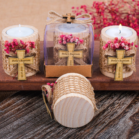 Baptism Favors, Wooden Candle Holder, Custom Candle, Tealight Holder, Confirmation, First Communion, Christening Favors