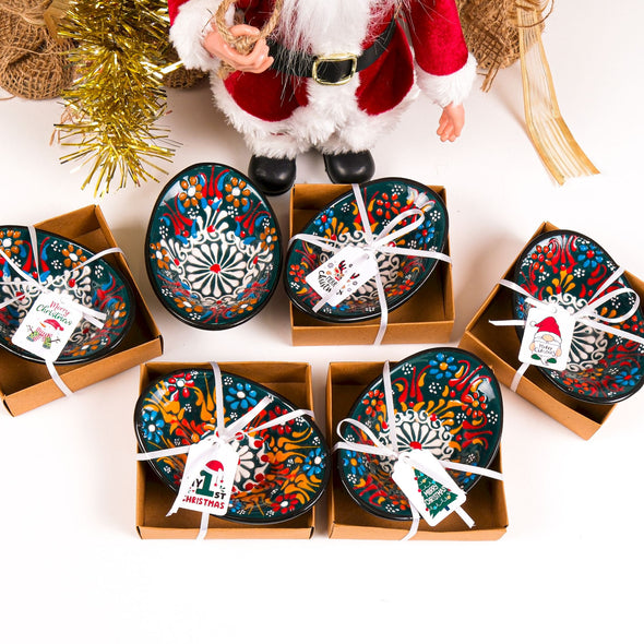 Turkish Cini Porcelain Bowl Christmas Favors, Christmas Party Favors, New Year Xmas Favors Coworker Happy Holiday Favors Items designed by Happy Times Favors, a handmade gift shop. We designed this tile/ceramic/porcelain bohemian theme wedding favor ideas, boho gifts, handmade candy bowl, Best for Wedding Gift, Bridal Shower gift, Baby Shower gift, Christening gift, Baptism gift, Graduation gift, birthday gift or any Party favors.