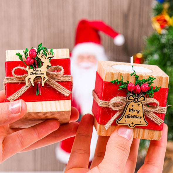 Personalized Christmas Gift, Christmas Wooden Candle Holder, Noel New Year Happy Holiday Gifts, Christmas 2024 Ornament, Gift Exchange Items designed by Happy Times Favors, a handmade gift shop. Wooden candle holder decorated with flowers. Are ideal for Christmas, Noel, New Year, and party gifts.  Personalized ornaments, Christmas table decorations, Christmas decoration, Christmas ornament, Christmas gift, Custom Xmas ornaments, Unique Xmas gifts.