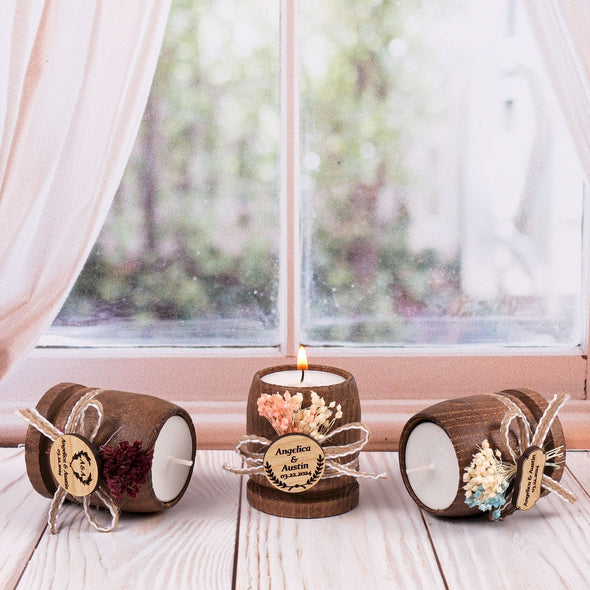 Personalized Wedding Favors for Guests, Rustic Candle Favors, Bridal Shower Tealight Holders, Thank You Favor, Floral Wooden Wedding Favor Items designed by Happy Times Favors, a handmade gift shop. These items are ideal for bridal shower gifts, bridal shower presents, gifts to give at a bridal shower, present for wedding shower,  wedding gift ideas, bridesmaid present, bridal shower favor, wedding favor for guests, wedding gift for guests, thank you gift