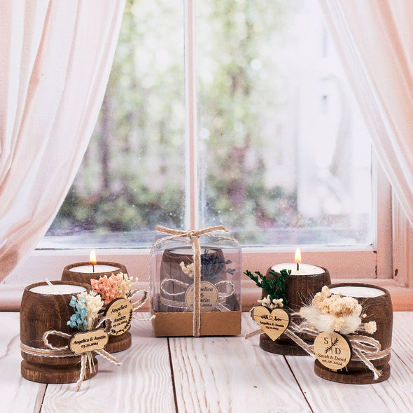 Personalized Wedding Favors for Guests, Rustic Candle Favors, Bridal Shower Tealight Holders, Thank You Favor, Floral Wooden Wedding Favor Items designed by Happy Times Favors, a handmade gift shop. These items are ideal for bridal shower gifts, bridal shower presents, gifts to give at a bridal shower, present for wedding shower,  wedding gift ideas, bridesmaid present, bridal shower favor, wedding favor for guests, wedding gift for guests, thank you gift