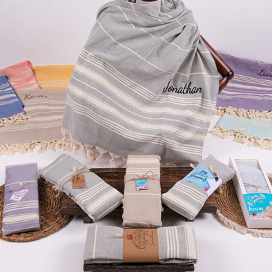 Personalized Turkish Beach Towel, Hammam Towel, Bath Towel with Name,  Bridesmaid Personalized Gift Towel Embroidery, Wedding Favor for Guest Items designed by Happy Times Favors, a handmade gift shop. These beach towels are best for bridesmaid proposal, bridal shower, wedding, gift for the beach, girlfriend gift, home decor gifts, boyfriend gift, best friend gift, Bachelor Party Favors, housewarming gift, bath and baby shower, baptism or any other events.