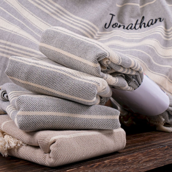 Personalized Turkish Beach Towel, Hammam Towel, Bath Towel with Name,  Bridesmaid Personalized Gift Towel Embroidery, Wedding Favor for Guest Items designed by Happy Times Favors, a handmade gift shop. These beach towels are best for bridesmaid proposal, bridal shower, wedding, gift for the beach, girlfriend gift, home decor gifts, boyfriend gift, best friend gift, Bachelor Party Favors, housewarming gift, bath and baby shower, baptism or any other events.