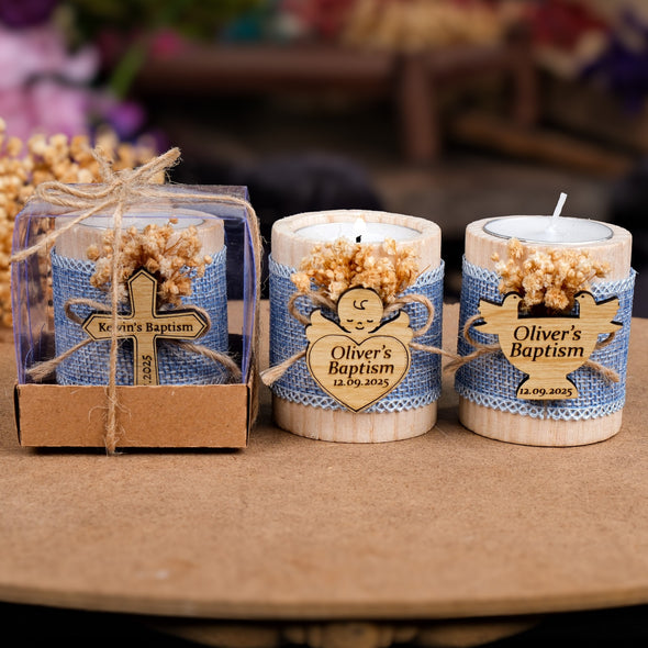 Baptism Favors, Wooden Candle Holder, Custom Candle, Tealight Holder, Confirmation, First Communion, Christening Favors