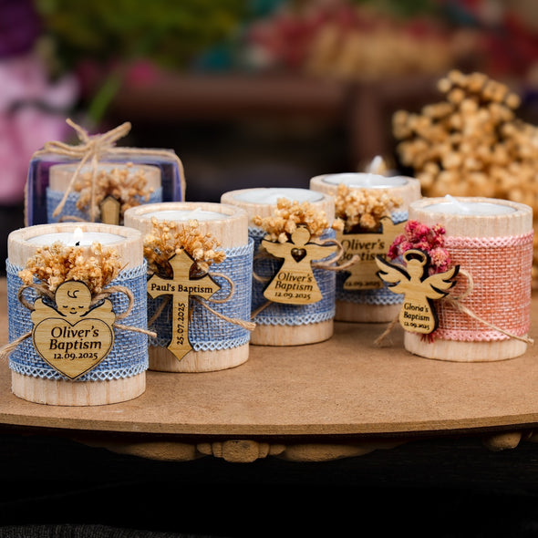 Baptism Favors, Wooden Candle Holder, Custom Candle, Tealight Holder, Confirmation, First Communion, Christening Favors