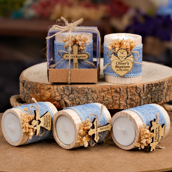 Baptism Favors, Wooden Candle Holder, Custom Candle, Tealight Holder, Confirmation, First Communion, Christening Favors