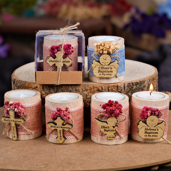 Baptism Favors, Wooden Candle Holder, Custom Candle, Tealight Holder, Confirmation, First Communion, Christening Favors