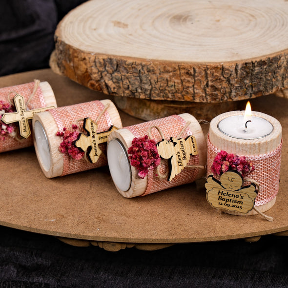 Baptism Favors, Wooden Candle Holder, Custom Candle, Tealight Holder, Confirmation, First Communion, Christening Favors