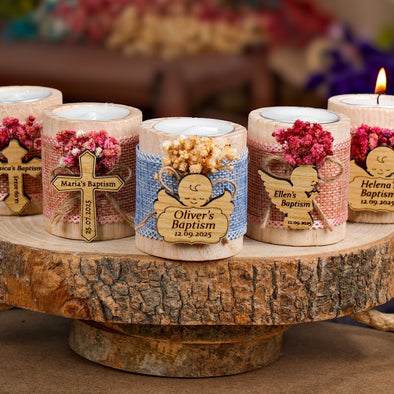 Baptism Favors, Wooden Candle Holder, Custom Candle, Tealight Holder, Confirmation, First Communion, Christening Favors
