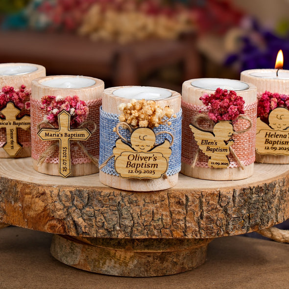 Baptism Favors, Wooden Candle Holder, Custom Candle, Tealight Holder, Confirmation, First Communion, Christening Favors