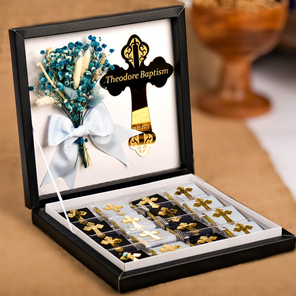 Baptism Chocolate Favors Box, Custom Chocolates, Bulk Baptism Favors, Baby Shower Favors Designed by Happy Times Favors, these bulk chocotale favors are ideal for baby shower, baptism favors, christening party favors, wedding favors, first communion.
