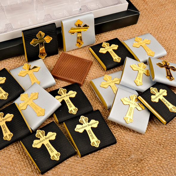 Baptism Chocolate Favors Box, Custom Chocolates, Bulk Baptism Favors, Baby Shower Favors Designed by Happy Times Favors, these bulk chocotale favors are ideal for baby shower, baptism favors, christening party favors, wedding favors, first communion.