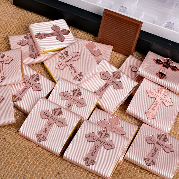 Baptism Chocolate Favors Box, Custom Chocolates, Bulk Baptism Favors, Baby Shower Favors Designed by Happy Times Favors, these bulk chocotale favors are ideal for baby shower, baptism favors, christening party favors, wedding favors, first communion.