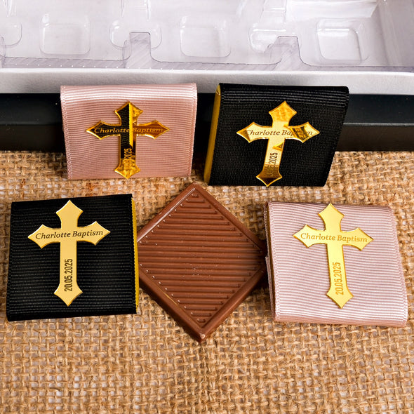 Baptism Chocolate Favors Box, Custom Chocolates, Bulk Baptism Favors, Baby Shower Favors Designed by Happy Times Favors, these bulk chocotale favors are ideal for baby shower, baptism favors, christening party favors, wedding favors, first communion.