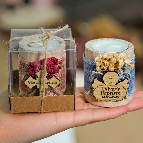 Baptism Favors, Wooden Candle Holder, Custom Candle, Tealight Holder, Confirmation, First Communion, Christening Favors