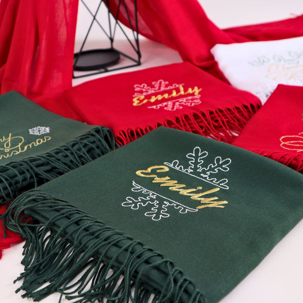 Embroidery Merry Christmas Scarf, Personalized Monogram Christmas Gift Shawl, Colorful Pashmina, New Year Shawl Items designed by Happy Times Favors, a handmade gift shop, are Personalized Scarf for Christmas, New Year, Noel, Bridal Shower, Wedding Shower, Fall Wedding. Pashmina scarves has Custom bands or monogrammed, stitched scarf. We can customize them with logo or name. These are unique wedding shawl for guests.