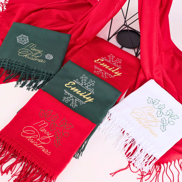 Embroidery Merry Christmas Scarf, Personalized Monogram Christmas Gift Shawl, Colorful Pashmina, New Year Shawl Items designed by Happy Times Favors, a handmade gift shop, are Personalized Scarf for Christmas, New Year, Noel, Bridal Shower, Wedding Shower, Fall Wedding. Pashmina scarves has Custom bands or monogrammed, stitched scarf. We can customize them with logo or name. These are unique wedding shawl for guests.
