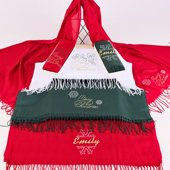 Embroidery Merry Christmas Scarf, Personalized Monogram Christmas Gift Shawl, Colorful Pashmina, New Year Shawl Items designed by Happy Times Favors, a handmade gift shop, are Personalized Scarf for Christmas, New Year, Noel, Bridal Shower, Wedding Shower, Fall Wedding. Pashmina scarves has Custom bands or monogrammed, stitched scarf. We can customize them with logo or name. These are unique wedding shawl for guests.