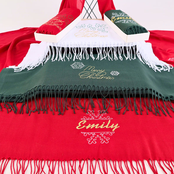 Embroidery Merry Christmas Scarf, Personalized Monogram Christmas Gift Shawl, Colorful Pashmina, New Year Shawl Items designed by Happy Times Favors, a handmade gift shop, are Personalized Scarf for Christmas, New Year, Noel, Bridal Shower, Wedding Shower, Fall Wedding. Pashmina scarves has Custom bands or monogrammed, stitched scarf. We can customize them with logo or name. These are unique wedding shawl for guests.