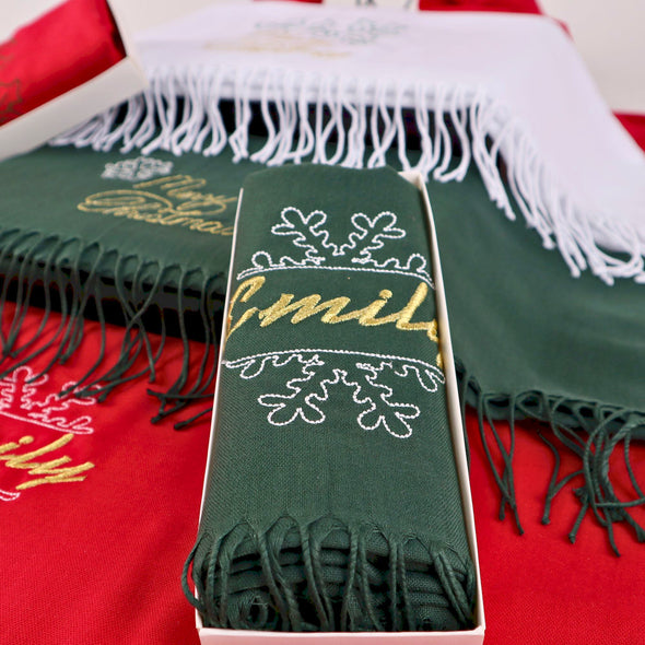 Embroidery Merry Christmas Scarf, Personalized Monogram Christmas Gift Shawl, Colorful Pashmina, New Year Shawl Items designed by Happy Times Favors, a handmade gift shop, are Personalized Scarf for Christmas, New Year, Noel, Bridal Shower, Wedding Shower, Fall Wedding. Pashmina scarves has Custom bands or monogrammed, stitched scarf. We can customize them with logo or name. These are unique wedding shawl for guests.