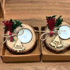 Christmas Personalized Wooden Tealight Favors, Custom Christmas Gift Items designed by Happy Times Favors, a handmade gift shop. Wooden candle holder decorated with real natural dried flowers, personalized wooden name tag and tealight. Ideal for Christmas, Noel, New Year, Happy Holiday party gifts. Personalized Christmas Gifts, Custom Gifts for Christmas, Christmas decorations, ornaments
