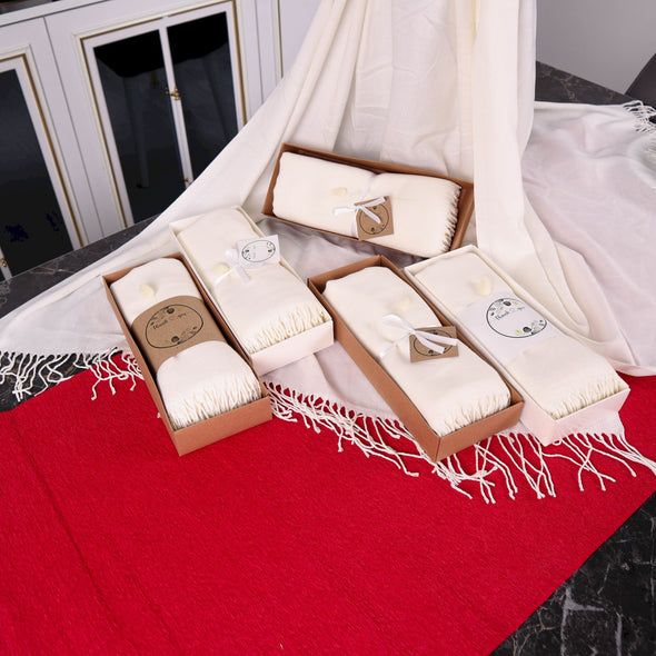 Personalized High Quality White Pashmina (240 grams), Luxury Pashmina Shawls: Perfect Bridal Shower Gifts, Bridesmaid Presents, & More! Designed by Happy Times Favors, a handmade gift shop. Shawls are ideal for bridal shower, gifts to give at a shower, wedding, bridesmaid present, wedding favors