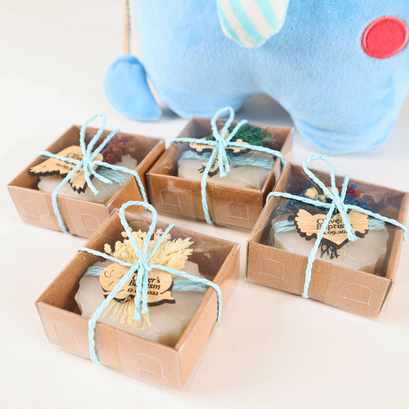 Personalized Handmade Scented Soap Favors, Baptism Gifts for Boys, Communion Favors for Guests, Christening Favors Items designed by Happy Times Favors, a handmade gift shop. Perfect for baptism favor, 1st Communion, wedding favors, unique gifts for guests, thank you gifts, Baby shower,  bridal shower favors, bridesmaid favors, engagement favors, party gifts, Christmas, Noel, New Year, Lavender Jasmine Scents Floral Soap Favors.