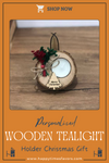 Christmas Personalized Wooden Tealight Favors, Custom Christmas Gift Items designed by Happy Times Favors, a handmade gift shop. Wooden candle holder decorated with real natural dried flowers, personalized wooden name tag and tealight. Ideal for Christmas, Noel, New Year, Happy Holiday party gifts. Personalized Christmas Gifts, Custom Gifts for Christmas, Christmas decorations, ornaments
